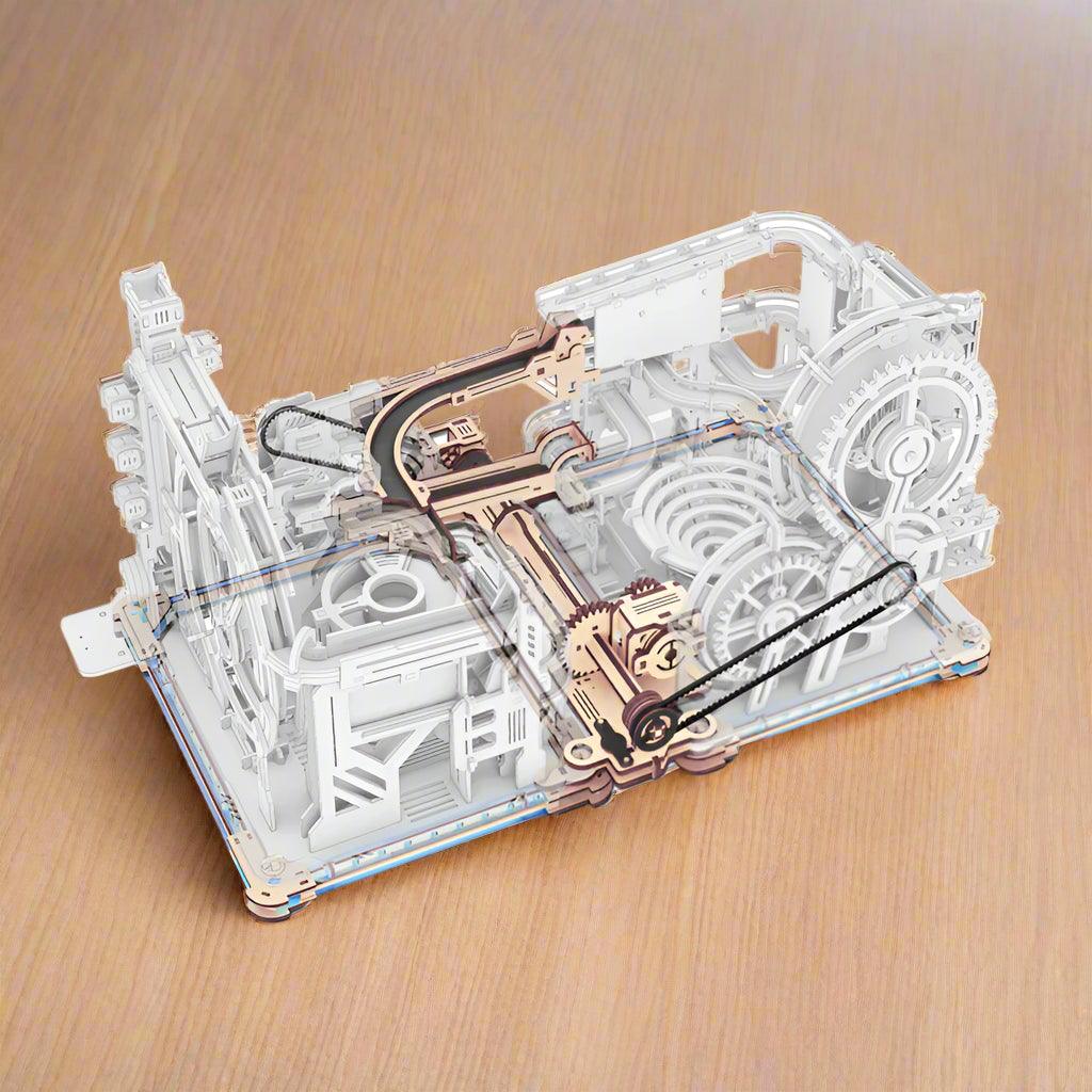 Kinetic wooden marble maze with gear driven pathways and diversion mechanisms for teen and adult builders Marble Spaceport Link Pack