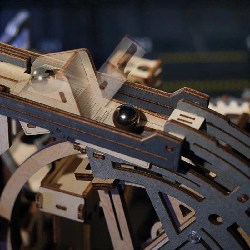 3D wooden mechanical kit that guides steel balls through five tracks and six diversion routes for collectors Marble Spaceport Combination Set