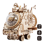 Wooden music box spaceship with a wind up mechanical movement, a hands-on 3D model kit for music box collectors and hobbyists