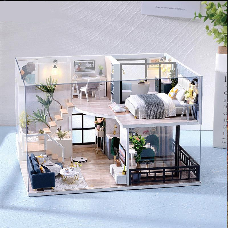 Modern two-story miniature loft dollhouse kit at 1:24 scale with a dust cover, a furnished apartment build for adults