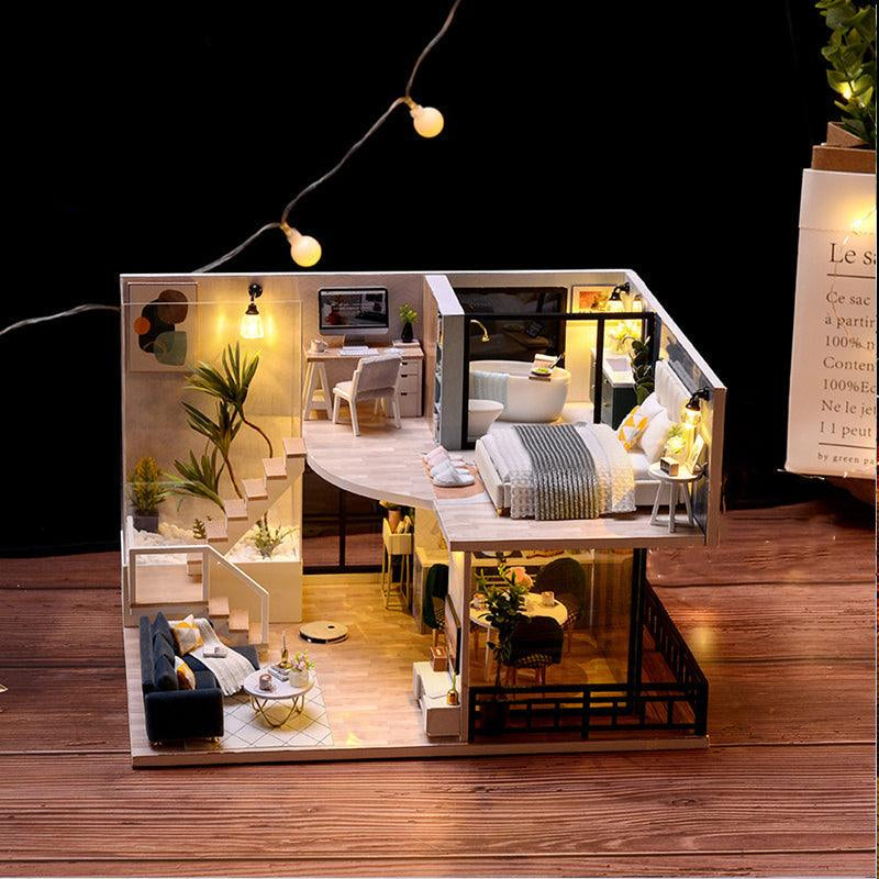 Furnished miniature loft diorama with a warm LED glow and a music box, a 1:24 two-story dollhouse kit for shelf decor