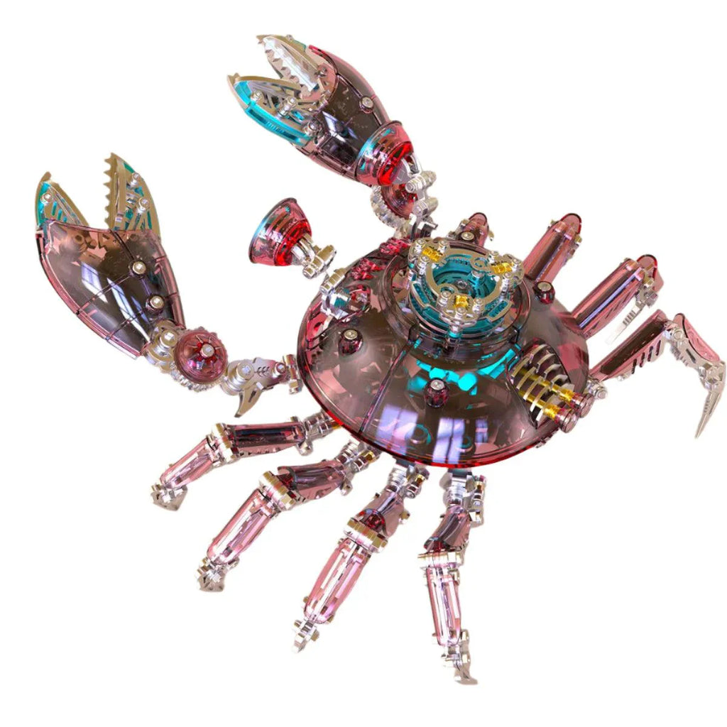 Cybernetic crab 3D metal model kit in a red transparent shell, a poseable stainless steel mechanical crab for adult desk decor Red