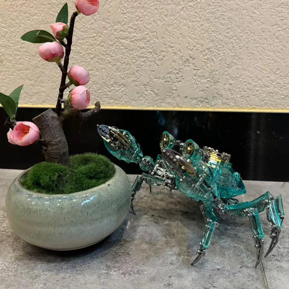 Green cybernetic crab styled beside a bonsai, a poseable metal model kit and mechanical animal gift for sci fi collectors Green