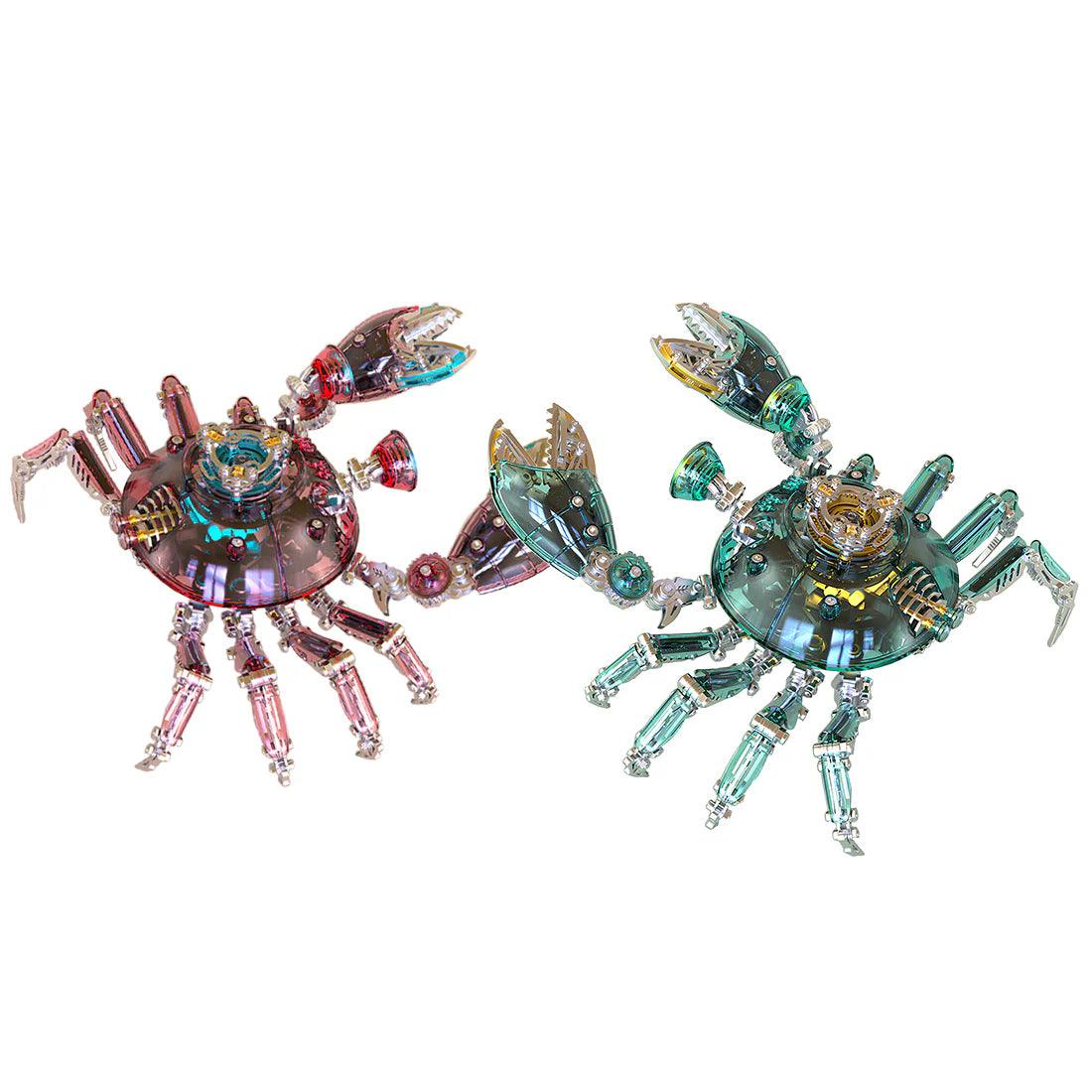 Cybernetic crab metal model kit shown in red and green transparent finishes, a poseable stainless steel build for collectors Red Green