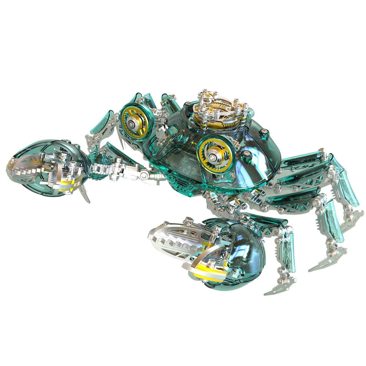Cybernetic crab 3D metal model kit in a green transparent shell, a poseable stainless steel mechanical crab for desk decor Green