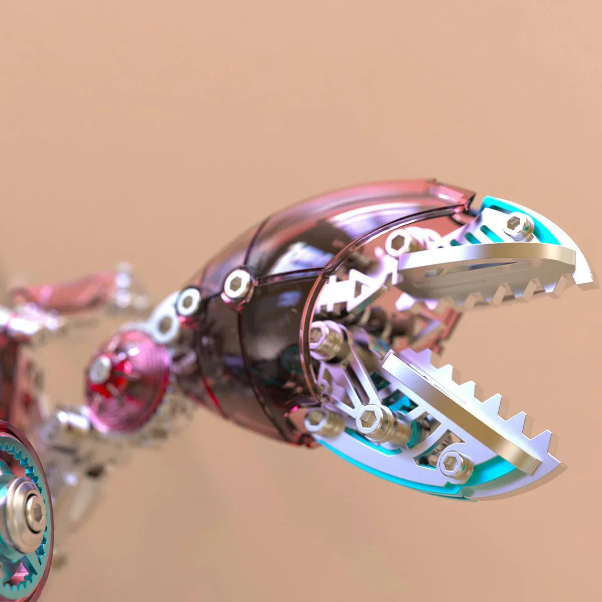 Red mechanical crab metal puzzle with an open claw and visible gears, a 700 piece stainless steel build kit for hobbyists Red