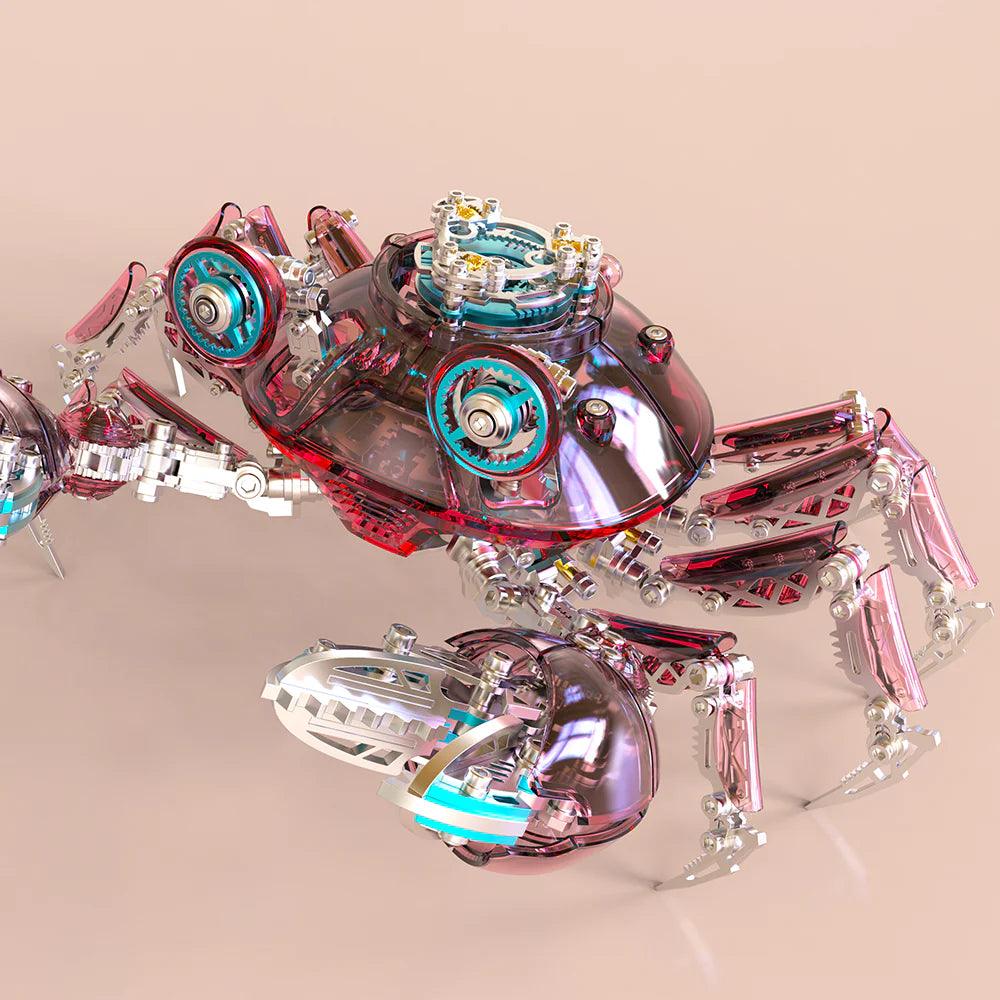 Red transparent crab model kit with poseable legs and steel gears, a steampunk desk sculpture and collectible for engineers Red