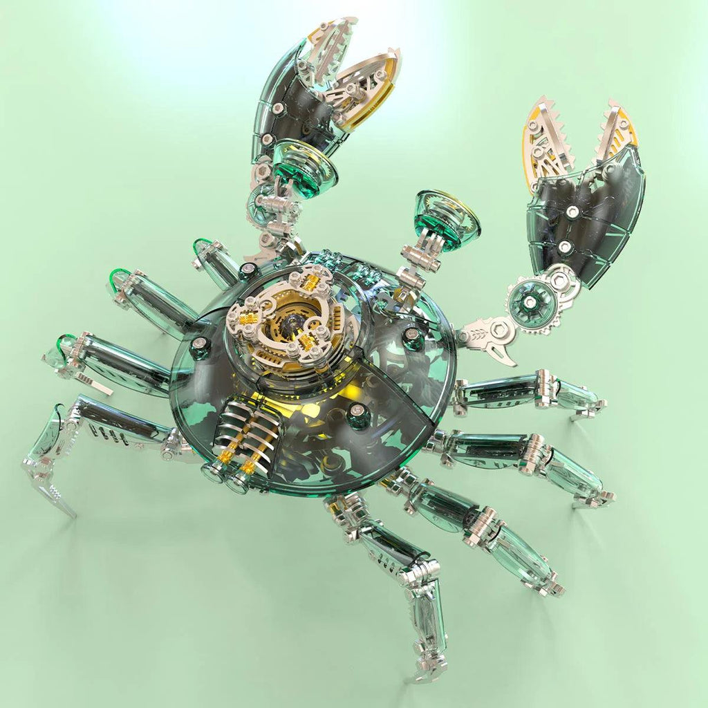 Green mechanical crab metal puzzle with raised claws and gears, a 700 piece stainless steel building set for adult builders Green