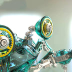 Green crab metal kit gear wheel and eye stalk detail, a snap together stainless steel mechanical model for hobbyist display Green