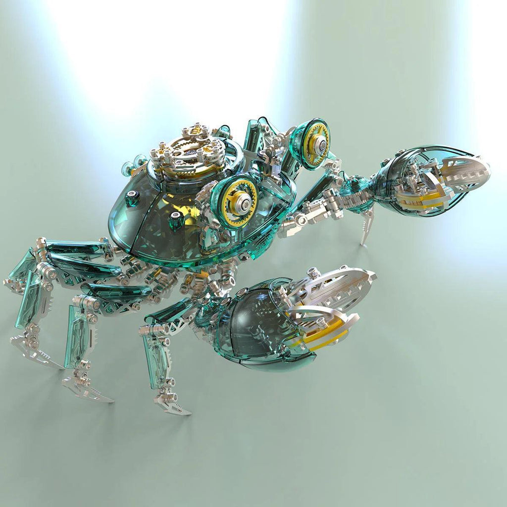 Green transparent crab model with articulated legs and claws, a steampunk metal desk sculpture and collectible for engineers Green