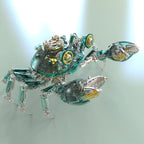 Green transparent crab model with articulated legs and claws, a steampunk metal desk sculpture and collectible for engineers Green