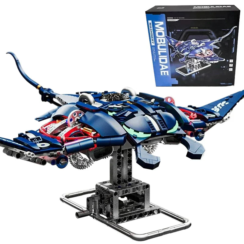 Mechanical devil fish manta ray building blocks set with double winged LED lights, ABS model kit for teen and adult builders