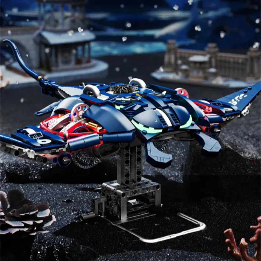 Assembled mechanical devil fish as an engineering desk display and building block gift for teens, adults, and model fans