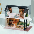 Green accent DIY apartment dollhouse kit, a 1:24 scale two-story miniature loft with furniture and a built-in LED lamp to build