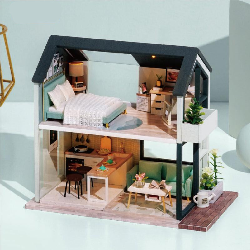 Green accent DIY apartment dollhouse kit, a 1:24 scale two-story miniature loft with furniture and a built-in LED lamp to build