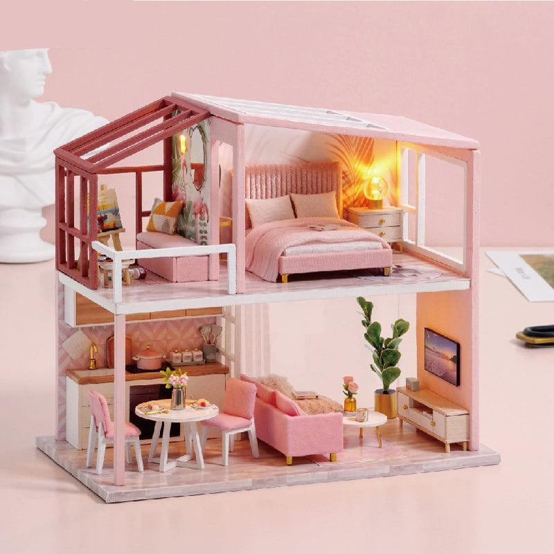 Pink two-story miniature apartment dollhouse kit in 1:24 scale, a furnished loft with LED pendant lamp for adult hobby builders
