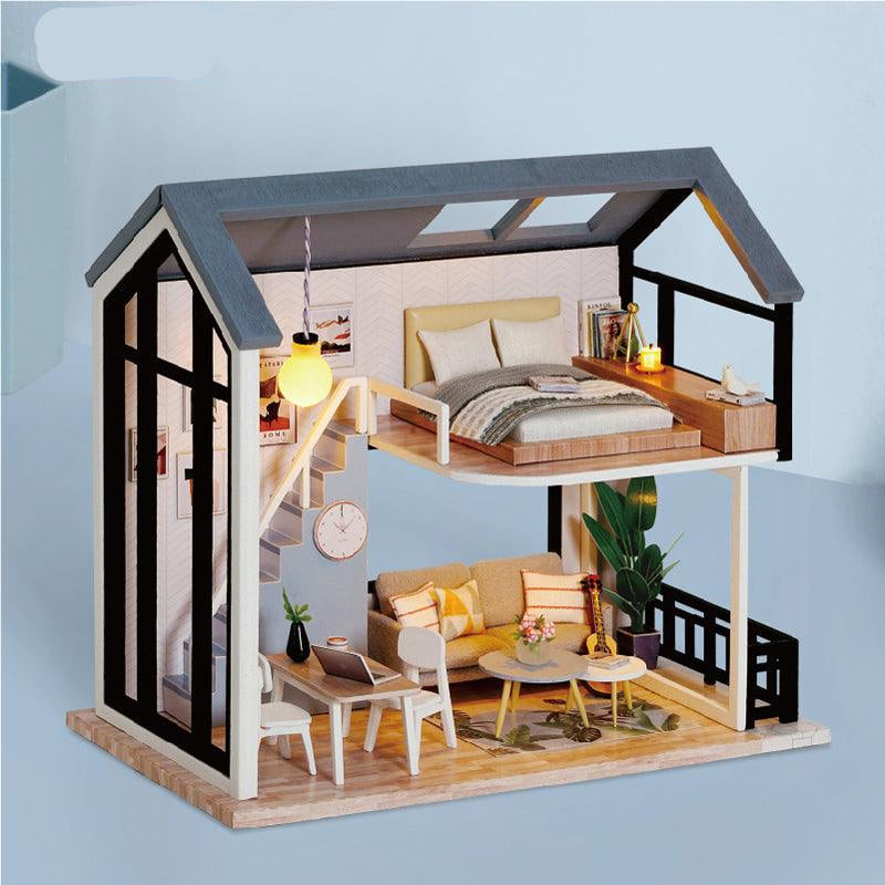 Blue accent two-story dollhouse apartment kit, a 1:24 scale miniature loft with bedroom, kitchen and living room to assemble