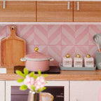 Pink miniature kitchen with chevron backsplash and mini cookware, a detailed 1:24 DIY dollhouse apartment kit to build and display
