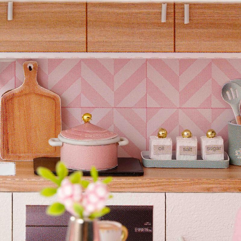 Pink miniature kitchen with chevron backsplash and mini cookware, a detailed 1:24 DIY dollhouse apartment kit to build and display