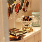 Chocolate shop dollhouse scene with a tiny dessert cup and postcards as a birthday or holiday gift for crafters