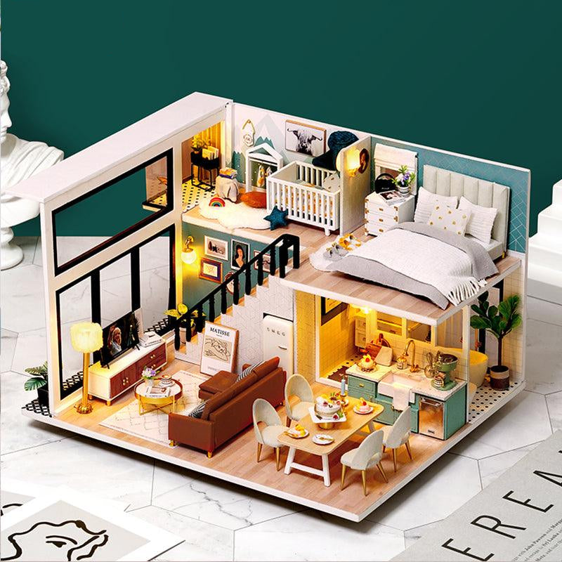 Cozy miniature dollhouse kit with warm LED lighting and 1:24 scale furniture for adult crafters and hobbyists