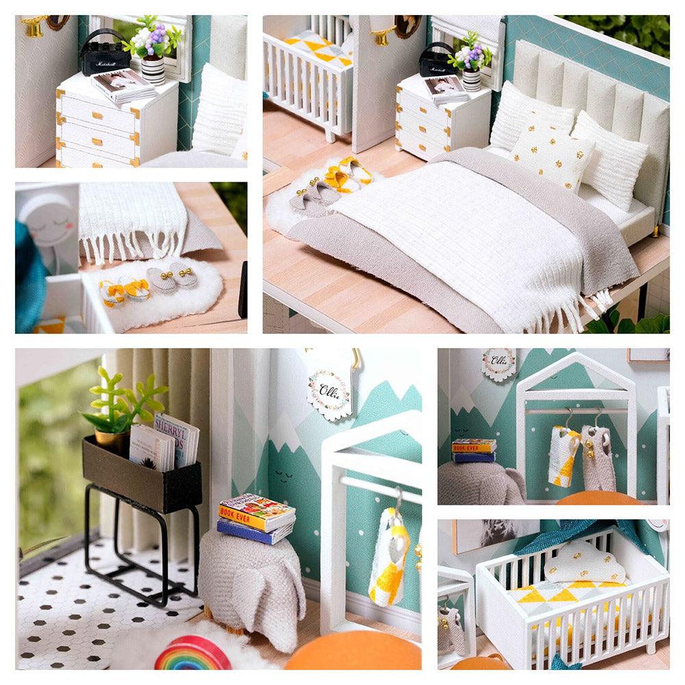Wooden DIY model house kit that builds a cozy miniature room to display on a shelf, table, or desk at home