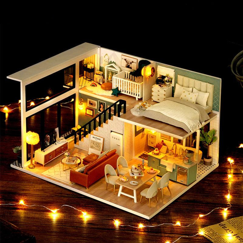 Detailed cozy home furniture in a 1:24 scale dollhouse, a relaxing wooden craft build for miniature hobbyists