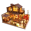 Two-story Japanese miniature dollhouse kit with warm LED lights and a garden for adult crafters and shelf display