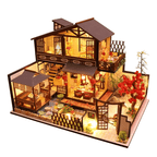 Two-story Japanese miniature dollhouse kit with warm LED lights and a garden for adult crafters and shelf display