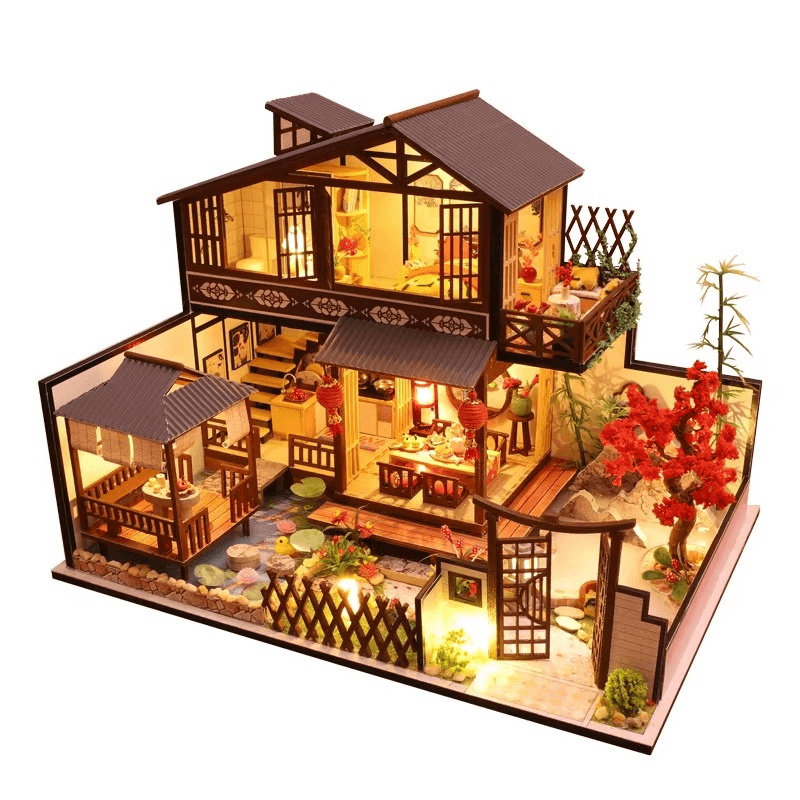 Two-story Japanese miniature dollhouse kit with warm LED lights and a garden for adult crafters and shelf display