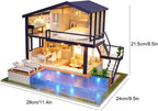 Laser cut wooden dollhouse kit for adults with LED lit rooms and tiny furniture for a cozy shelf centerpiece Time Apartment Set + Music Box