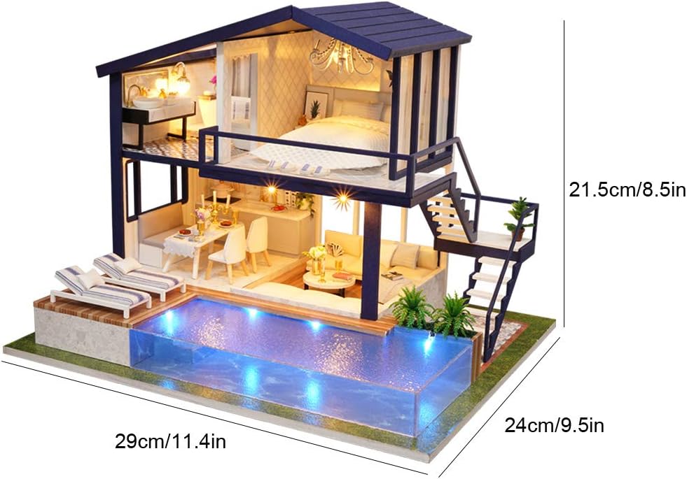 Laser cut wooden dollhouse kit for adults with LED lit rooms and tiny furniture for a cozy shelf centerpiece Time Apartment Set + Music Box