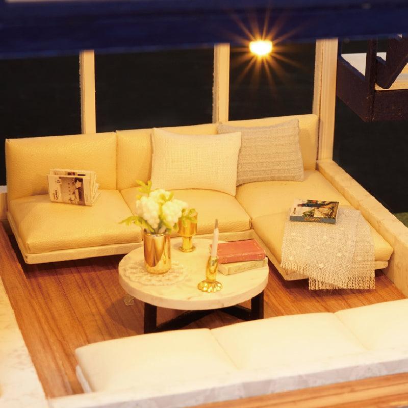 Warm LED miniature house display with detailed interior rooms, a relaxing evening craft project for grown ups Time Apartment Set + Music Box