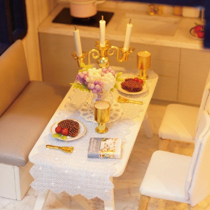 Collectible miniature dollhouse kit with a music box and soft lighting for desk decor and hobby display shelves Time Apartment Set + Music Box