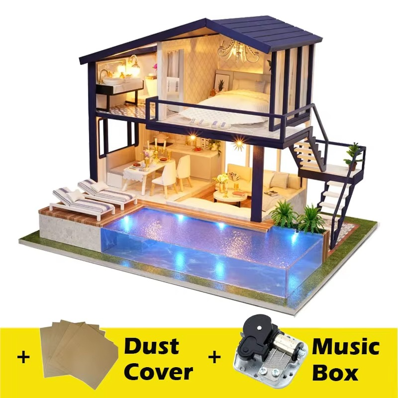 Miniature house kit shown with its music box and a clear dust cover that protects the finished 1:24 scale display Time Apartment Set + Music Box + Dust Cover
