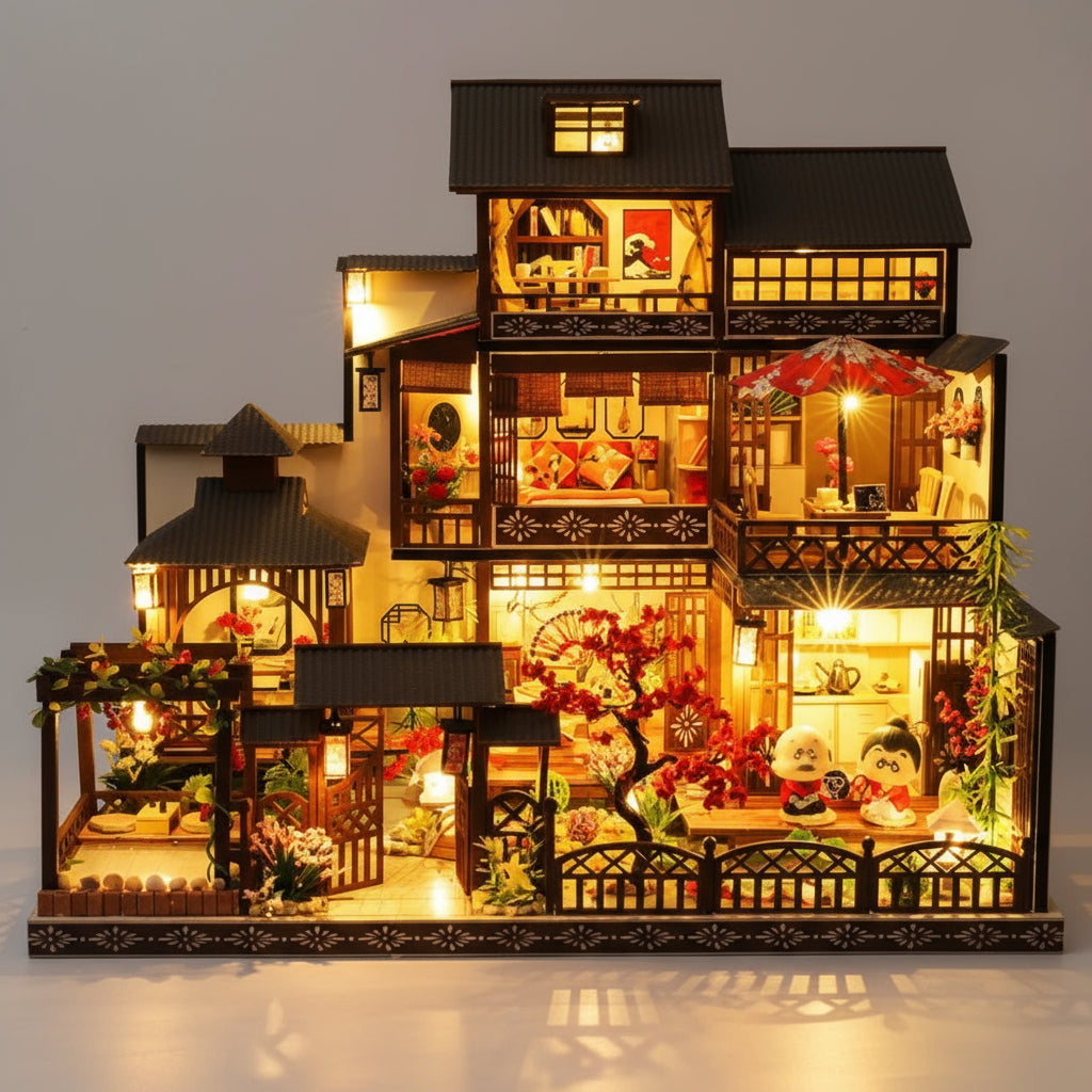 Detailed model house with interior lights and decorative elements on a wooden base.