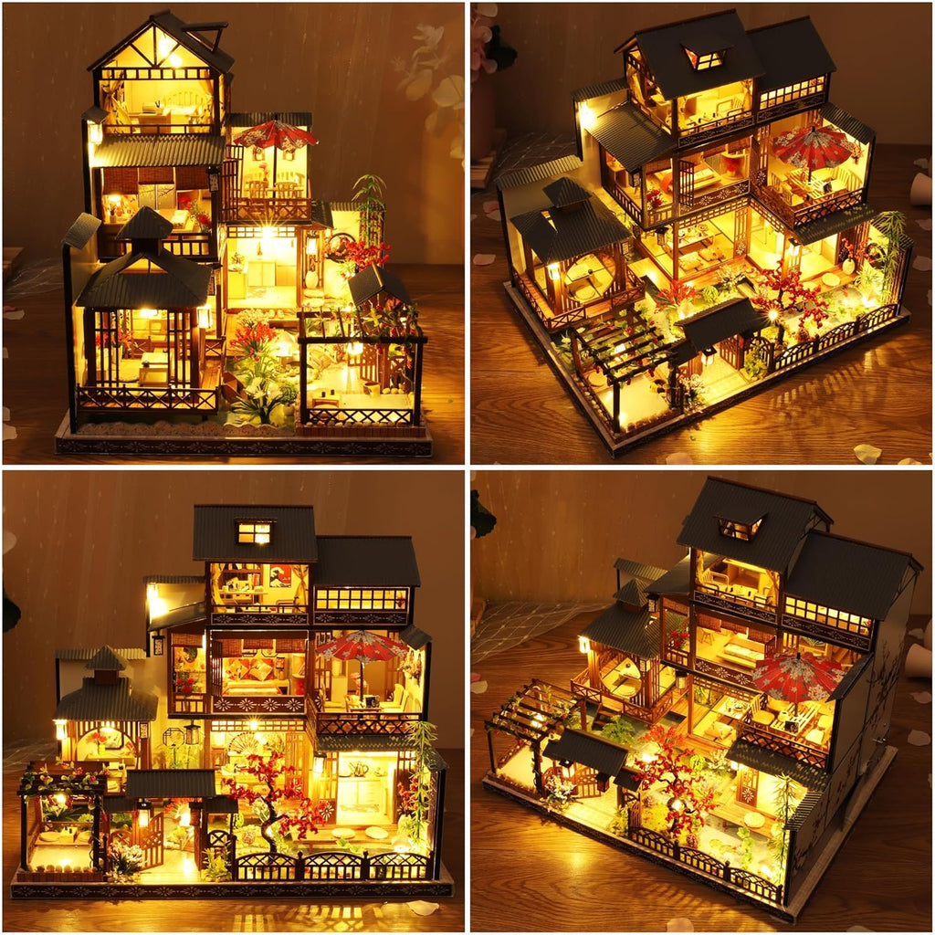 Collage of a detailed model house with illuminated interior, featuring various rooms and decorative elements.