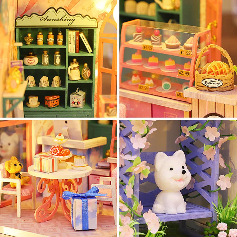 Miniature house building kit with a color coded English manual, a floral desk and bookshelf display for adults Tea Time