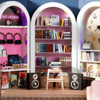 DIY book cafe dollhouse interior with a music lounge, bookshelves and vinyl records, a wooden miniature kit for adults