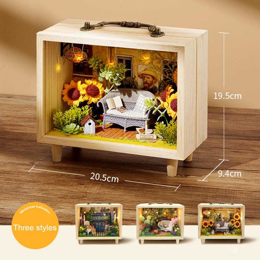 Wooden miniature house kit featuring a warm LED lighting system that gives the finished 1:24 scale display a cozy glow Aromatic Bakery and Afternoon Shimmer designs.