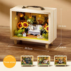 Wooden miniature house kit featuring a warm LED lighting system that gives the finished 1:24 scale display a cozy glow Aromatic Bakery and Afternoon Shimmer designs.