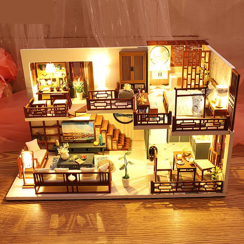 Handmade 1:24 scale miniature house with detailed furniture and accessories, a mindful screen-free building hobby for adults