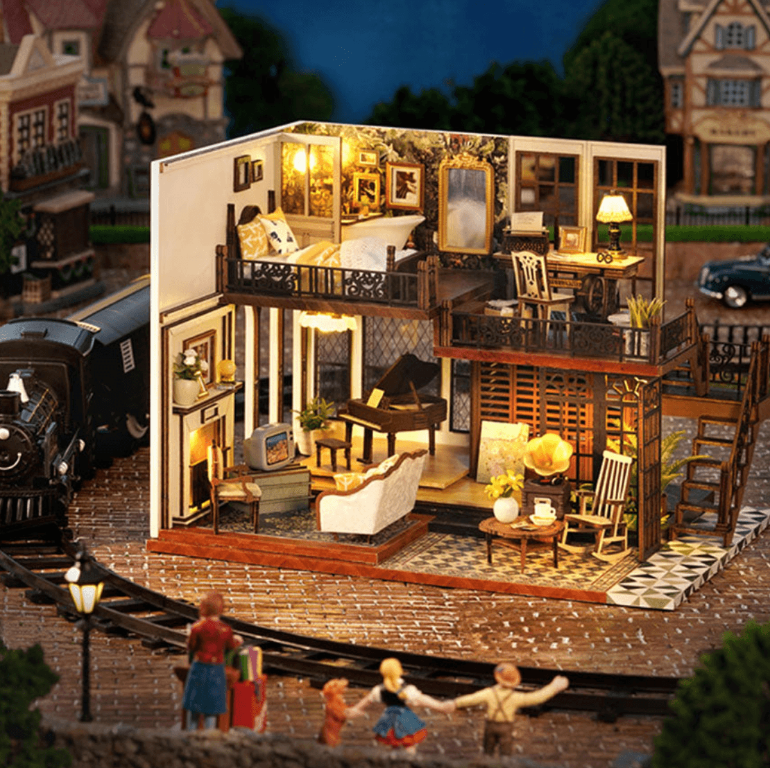 DIY miniature dollhouse kit at 1:24 scale with warm LED light and clear dust cover for adult model builders