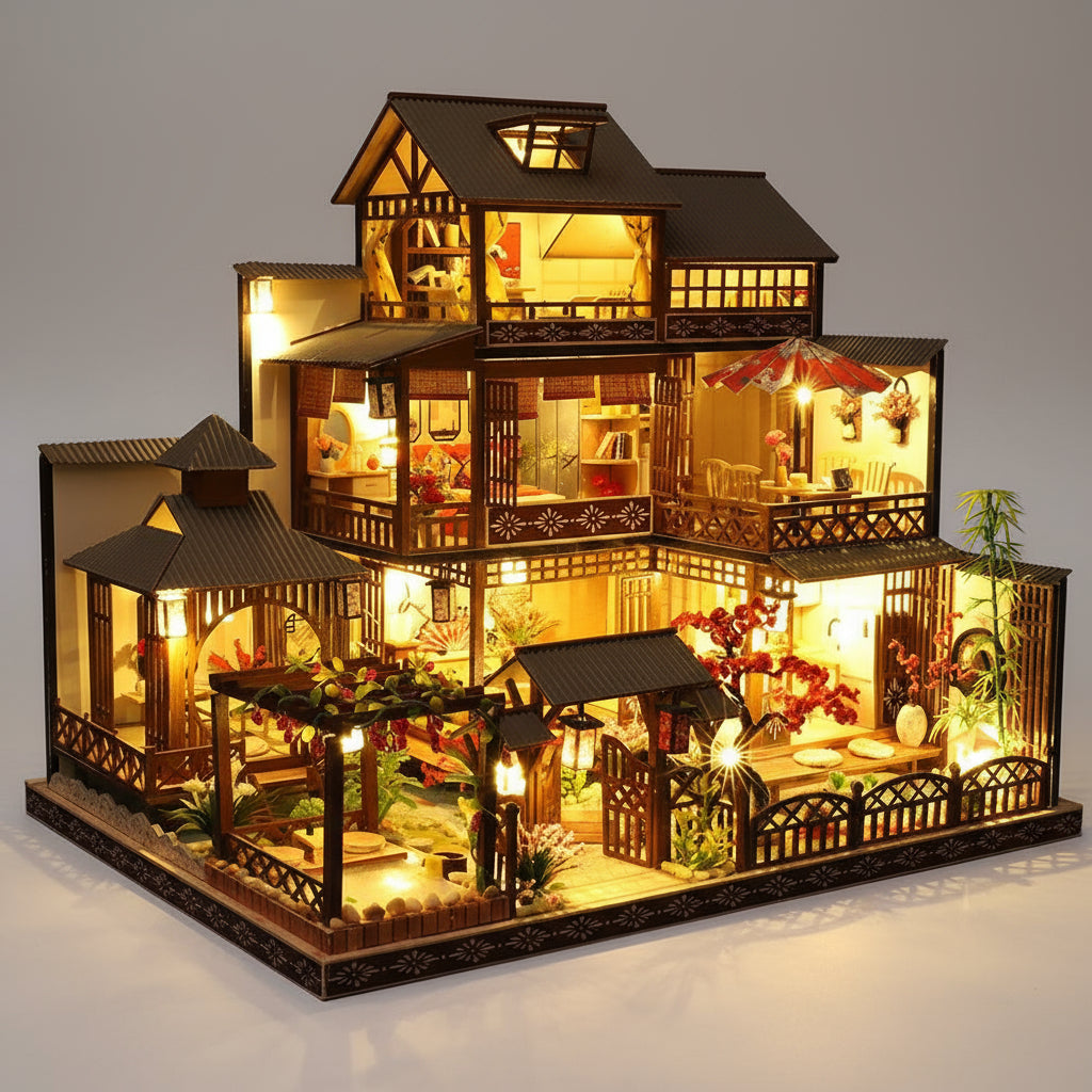 DIY miniature dollhouse kit that builds an Eastern pavilion at 1:24 scale, a hand crafted model house for adult hobbyists