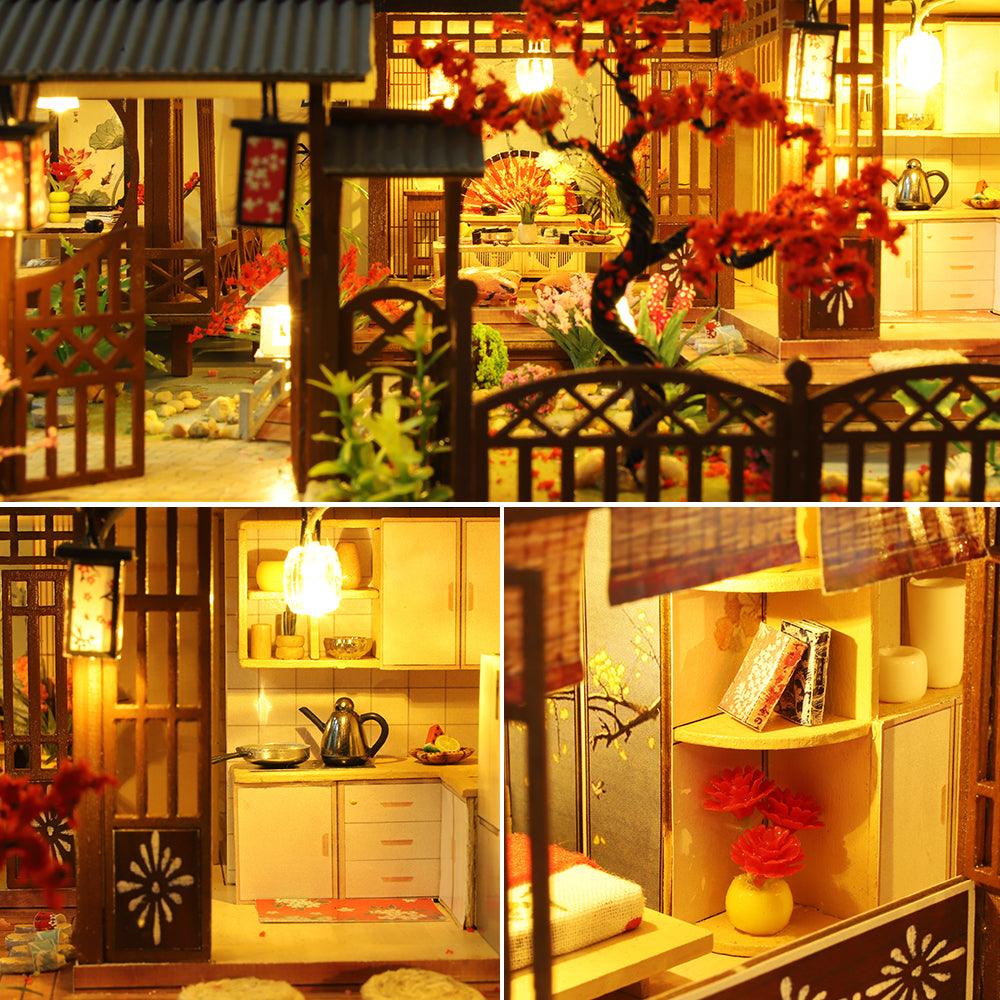 Hand built dollhouse rooms with a cherry blossom balcony, kitchen, and study, a mindful 1:24 miniature craft for adults