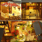 Miniature Eastern courtyard with a red parasol patio and a stone garden path, a scenic model house kit for desk decor