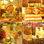 Cozy miniature dollhouse bedroom and dining scenes in an Eastern pavilion, a screen free craft gift for teens and adults