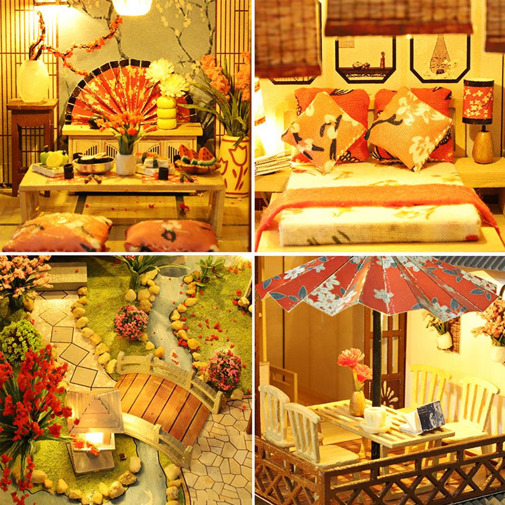 Cozy miniature dollhouse bedroom and dining scenes in an Eastern pavilion, a screen free craft gift for teens and adults