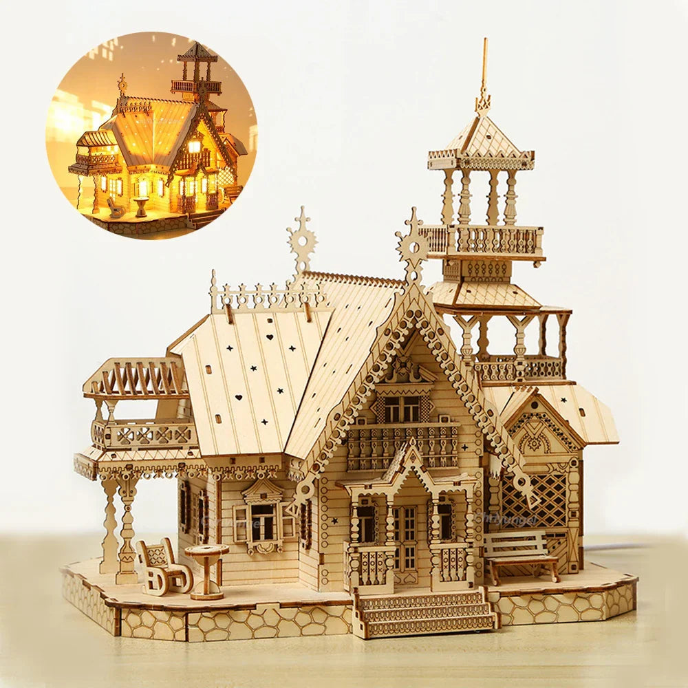 3D wooden villa model kit that builds an illuminated castle with LED light, a laser cut plywood puzzle for desk decor