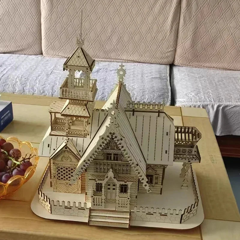 Birthday or holiday craft gift for model builders, a 3D wooden villa castle kit with LED light and no glue assembly